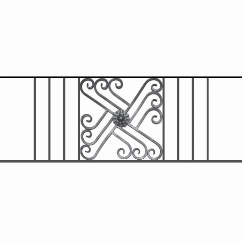 Appui de fenêtre type AFEF22 à sceller dans votre tableau de fenêtre. Longueur finie de 1350mm et Hauteur finie de 480mm. Convient pour les tableaux de fenêtre de 1250mm. 50mm de scellement sont prévue de chaque côté. Main courante laminée de 1250mm de long en fer forgé sur le dessus. Motif au centre de 460mm de long par 460mm de haut. Le reste de la structure est en acier carré plein de 12mm de section.