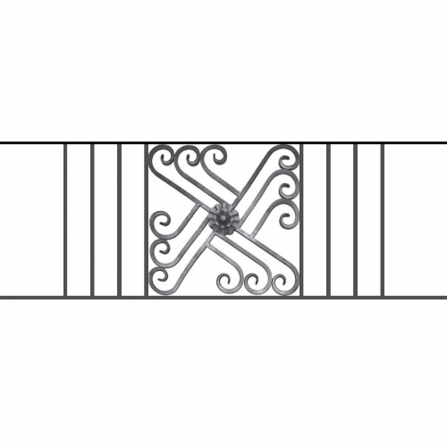 Appui de fenêtre type AFEF22 à sceller dans votre tableau de fenêtre. Longueur finie de 1360mm et Hauteur finie de 480mm. Convient pour les tableaux de fenêtre de 1260mm. 50mm de scellement sont prévue de chaque côté. Main courante laminée de 1260mm de long en fer forgé sur le dessus. Motif au centre de 460mm de long par 460mm de haut. Le reste de la structure est en acier carré plein de 12mm de section.