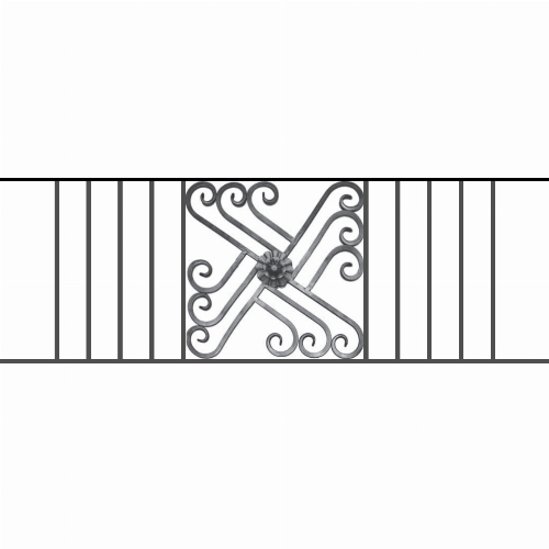 Appui de fenêtre type AFEF22 à sceller dans votre tableau de fenêtre. Longueur finie de 1420mm et Hauteur finie de 480mm. Convient pour les tableaux de fenêtre de 1320mm. 50mm de scellement sont prévue de chaque côté. Main courante laminée de 1320mm de long en fer forgé sur le dessus. Motif au centre de 460mm de long par 460mm de haut. Le reste de la structure est en acier carré plein de 12mm de section.