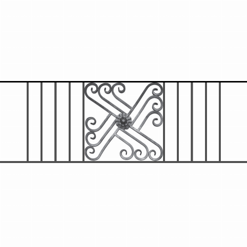 Appui de fenêtre type AFEF22 à sceller dans votre tableau de fenêtre. Longueur finie de 1450mm et Hauteur finie de 480mm. Convient pour les tableaux de fenêtre de 1350mm. 50mm de scellement sont prévue de chaque côté. Main courante laminée de 1350mm de long en fer forgé sur le dessus. Motif au centre de 460mm de long par 460mm de haut. Le reste de la structure est en acier carré plein de 12mm de section.