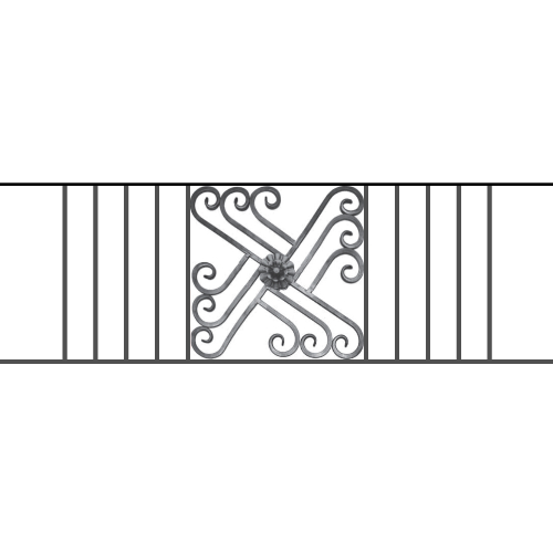 Appui de fenêtre type AFEF22 à sceller dans votre tableau de fenêtre. Longueur finie de 1470mm et Hauteur finie de 480mm. Convient pour les tableaux de fenêtre de 1370mm. 50mm de scellement sont prévue de chaque côté. Main courante laminée de 1370mm de long en fer forgé sur le dessus. Motif au centre de 460mm de long par 460mm de haut. Le reste de la structure est en acier carré plein de 12mm de section.