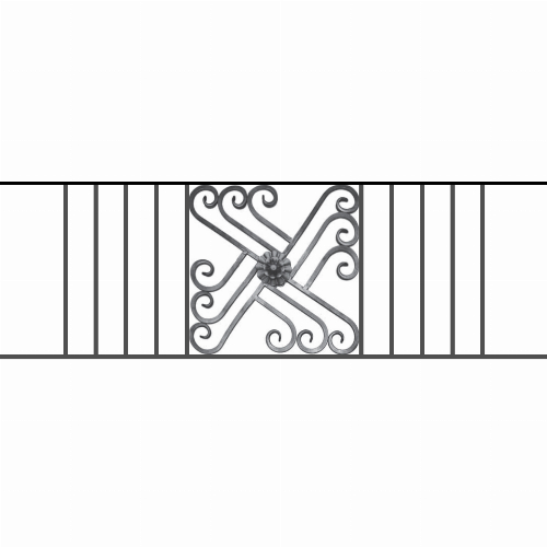 Appui de fenêtre type AFEF22 à sceller dans votre tableau de fenêtre. Longueur finie de 1480mm et Hauteur finie de 480mm. Convient pour les tableaux de fenêtre de 1380mm. 50mm de scellement sont prévue de chaque côté. Main courante laminée de 1380mm de long en fer forgé sur le dessus. Motif au centre de 460mm de long par 460mm de haut. Le reste de la structure est en acier carré plein de 12mm de section.