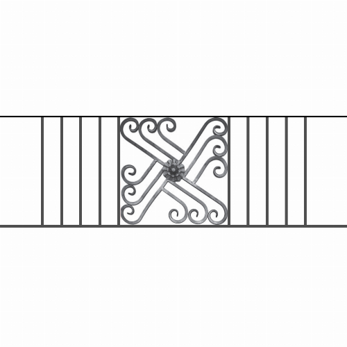 Appui de fenêtre type AFEF22 à sceller dans votre tableau de fenêtre. Longueur finie de 1490mm et Hauteur finie de 480mm. Convient pour les tableaux de fenêtre de 1390mm. 50mm de scellement sont prévue de chaque côté. Main courante laminée de 1390mm de long en fer forgé sur le dessus. Motif au centre de 460mm de long par 460mm de haut. Le reste de la structure est en acier carré plein de 12mm de section.
