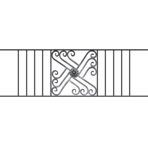 Appui de fenêtre type AFEF22 à sceller dans votre tableau de fenêtre. Longueur finie de 1500mm et Hauteur finie de 480mm. Convient pour les tableaux de fenêtre de 1400mm. 50mm de scellement sont prévue de chaque côté. Main courante laminée de 1400mm de long en fer forgé sur le dessus. Motif au centre de 460mm de long par 460mm de haut. Le reste de la structure est en acier carré plein de 12mm de section.