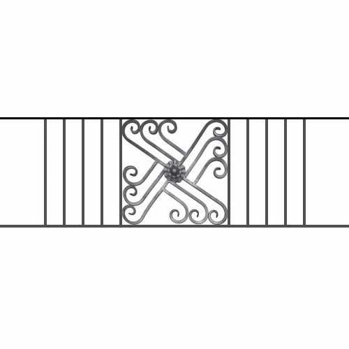 Appui de fenêtre type AFEF22 à sceller dans votre tableau de fenêtre. Longueur finie de 1520mm et Hauteur finie de 480mm. Convient pour les tableaux de fenêtre de 1420mm. 50mm de scellement sont prévue de chaque côté. Main courante laminée de 1420mm de long en fer forgé sur le dessus. Motif au centre de 460mm de long par 460mm de haut. Le reste de la structure est en acier carré plein de 12mm de section.