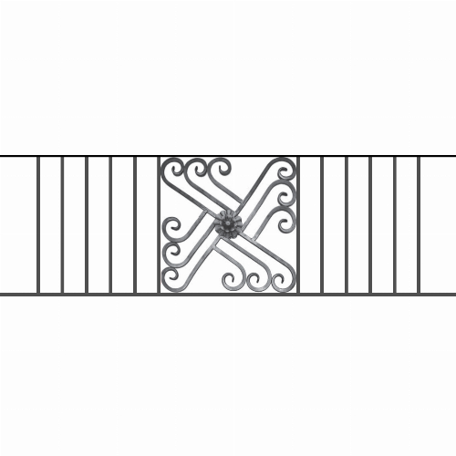 Appui de fenêtre type AFEF22 à sceller dans votre tableau de fenêtre. Longueur finie de 1550mm et Hauteur finie de 480mm. Convient pour les tableaux de fenêtre de 1450mm. 50mm de scellement sont prévue de chaque côté. Main courante laminée de 1450mm de long en fer forgé sur le dessus. Motif au centre de 460mm de long par 460mm de haut. Le reste de la structure est en acier carré plein de 12mm de section.