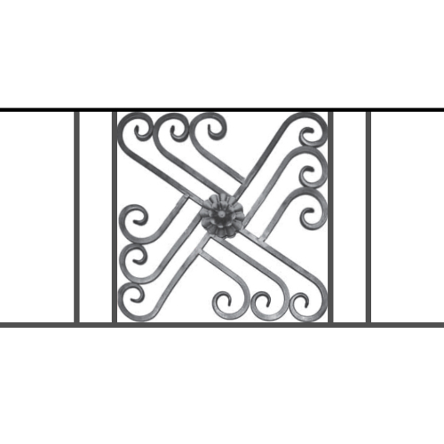 Appui de fenêtre type AFEF22 à sceller dans votre tableau de fenêtre. Longueur finie de 970mm et Hauteur finie de 480mm. Convient pour les tableaux de fenêtre de 870mm. 50mm de scellement sont prévue de chaque côté. Main courante laminée de 870mm de long en fer forgé sur le dessus. Motif au centre de 460mm de long par 460mm de haut. Le reste de la structure est en acier carré plein de 12mm de section.