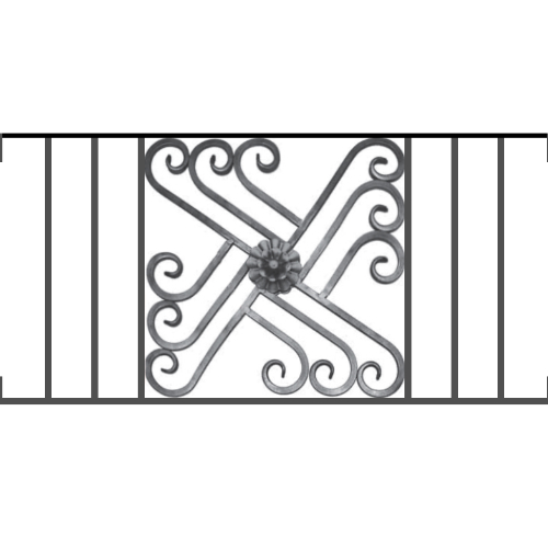 Appui de fenêtre type AFEF22 à visser dans votre tableau de fenêtre. Longueur finie de 970mm et Hauteur finie de 480mm. Convient pour les tableaux de fenêtre de 970mm. Main courante laminée de 970mm de long en fer forgé sur le dessus. Motif au centre de 460mm de long par 460mm de haut. Le reste de la structure est en acier carré plein de 12mm de section.