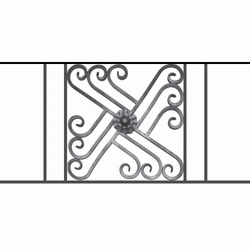 Appui de fenêtre type AFEF22 à sceller dans votre tableau de fenêtre. Longueur finie de 990mm et Hauteur finie de 480mm. Convient pour les tableaux de fenêtre de 890mm. 50mm de scellement sont prévue de chaque côté. Main courante laminée de 890mm de long en fer forgé sur le dessus. Motif au centre de 460mm de long par 460mm de haut. Le reste de la structure est en acier carré plein de 12mm de section.