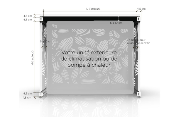Le cache climatisation aluminium Tropical dissimule une unité extérieure avec un motif végétal contemporain, pensé pour apporter une touche décorative forte au jardin, à la terrasse ou à la façade. Sa conception 100 % aluminium offre une excellente résistance aux UV, à l'humidité, au gel, à la pluie et aux variations de température. L'aluminium ne rouille pas et ne se déforme pas comme peuvent le faire certains caches en bois ou en PVC. Le thermolaquage permet de choisir parmi 20 coloris RAL afin d'accorder le cache climatisation à la façade, aux menuiseries ou à l'aménagement extérieur. Le produit est disponible en cinq tailles, du S au XXL, pour s'adapter à la majorité des groupes de climatisation et pompes à chaleur extérieurs. Les dimensions intérieures disponibles vont de L 90 x H 65 cm à L 148 x H 157 cm, avec une profondeur réglable selon la taille choisie. Les dimensions extérieures vont de L 95 x H 67 cm à L 153 x H 159 cm, ce qui permet de prévoir correctement l'encombrement final. Pour choisir la bonne taille, il faut mesurer l'unité extérieure avec ses supports, câbles et goulottes, puis prévoir 5 à 10 cm de marge en largeur et en hauteur. La profondeur ne nécessite pas de marge supplémentaire, car elle est réglable grâce aux réglettes de fixation fournies. Le colis comprend 1 face avant, 1 côté gauche, 1 côté droit, 1 capot, 4 réglettes de fixation, vis TBHC M6x12, rondelles, écrous frein M6 et notice de montage. L'assemblage se fait par encliquetage des côtés avec la face avant, puis par pose du capot et pliage des pattes prévues à cet effet. Les réglettes de 