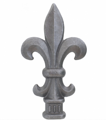Pointe de lance style fleur de lys médiévale, en fer forgé. Hauteur 160mm largeur 92mm avec une base carré de largeur 32mm. Elément décoratif idéal pour votre portail ou clôture, par exemple. Fixation par soudure. Fournie brut, à peindre ou à vernir avec un produit adapté qui protège contre la corrosion, produit galvanisable.