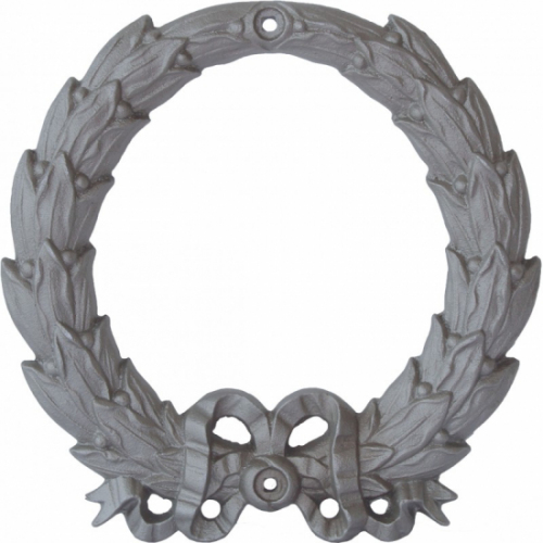 Élément décoratif simple face couronne de laurier en fonte grise . Avec vis de fixation . Hauteur 220 mm . Largeur 220 mm . Finititon brute