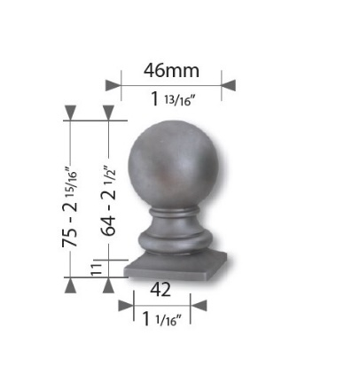 Boule de potelé sur socle carré, en acier moulé. Hauteur 75mm Diamètre Ø46mm et largeur de la base carré 42mm. Finition pour poteaux, en tube carré de 40x40mm. Fixation par soudure, produit non galvanisante. Livré brut, prêt à peindre ou à vernis, galvanisable, convient pour une utilisation en intérieur ou en extérieur. Objet décoratif qui rendra unique votre fabrication. Existe en différentes dimensions.