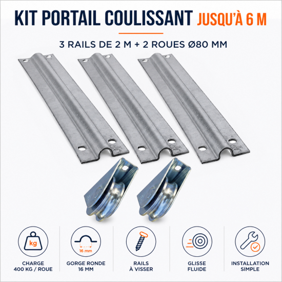 Kit pour la réalisation d'un Portail coulissant. 3 rails (#19197) d'une longueur de 2000mm à gorge ronde en diamètre 16mm à visser. 2 roues (#19421) d'un diamètre de 80mm à visser pour supporter une charge maximale de 400KG.