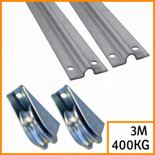 Image du produit : Kit pour portail coulissant jusqu'à 6M - 2 rails gorge ronde de 3M de long - 2 roues de 80mm qui supportent jusqu'à 400KG