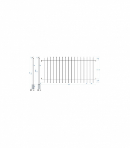 Grille Cloture Galvanisé pour jardins Structure sur plat de 30x8 et barreaudage en rond plein ø12 mm appointés et finition boule. Hauteur 930 mm x Longueur 1970 mm . L'espacement entre les 17 barreaux de 98 mm répond à toutes les normes de sécurité. A fixer entre piliers ou sur poteau a cder séparémement soit Poteaux a sceller réf CP10 ou sur platines a visser réf PP10. Ces Panneaux sont recoupables et a fixer avec la réf KIT-col. Possibilité sur commande en hauteur 1130 mm et 1430 mm 