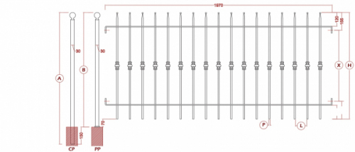 Grille Cloture Galvanisé de jardins Hauteur 930 mm x Longueur 1970 mm .Structure sur plat de 30x8 et barreaudage en rond plein ø14 mm forgé façon appointé en finition boule. L'espacement des 17 barreaux de 98 mm répond à toutes les normes de sécurité.A fixer entre piliers ou sur poteau a cder séparémement soit Poteaux a sceller réf CB10 ou sur platines a visser PB10. Ces Panneaux sont recoupables et a fixer avec la réf KIT-col 