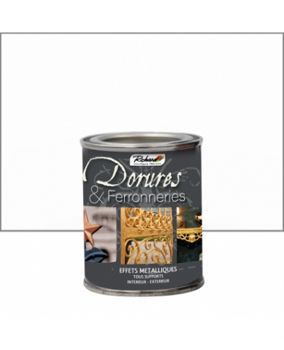 Peinture Dorure Blanc Nacré de Ferronnerie . Pot 125 Ml . Notre gamme Dorures et Ferronneries est utilisable sur tous types de supports tels que le métal, le bois, le plâtre, le carton , la faïence , le polystyrène . Intérieur et Extérieur . Pigments métalliques haut de gamme .  Aspect satiné .Primaire et top coat intégré. Direct to Metal RAL 9010