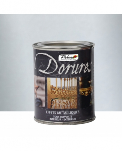 Peinture Dorure Argent  Ferronnerie . Pot 125 Ml . Notre gamme Dorures et Ferronneries est utilisable sur tous types de supports tels que le métal, le bois, le plâtre, le carton , la faïence , le polystyrène . Intérieur et Extérieur . Pigments métalliques haut de gamme . Primaire et top coat intégré.Direct to Metal Argent 