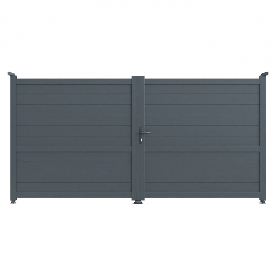 Le portail aluminium Bordeaux présente un remplissage plein rythmé par des lames horizontales. Son dessin épuré protège efficacement la propriété des regards extérieurs. Sa structure en aluminium offre une solution durable et adaptée à un usage extérieur. Il est proposé en ouverture battante ou coulissante selon la configuration choisie. La finition thermolaquée gris RAL 7016 souligne son style contemporain. Les dimensions disponibles sont sélectionnées directement dans le configurateur. Les accessoires fournis sont adaptés au type d’ouverture sélectionné. Son excellent rapport qualité-prix permet de choisir un portail bien moins cher qu’un modèle en acier, avec un style beaucoup plus moderne.