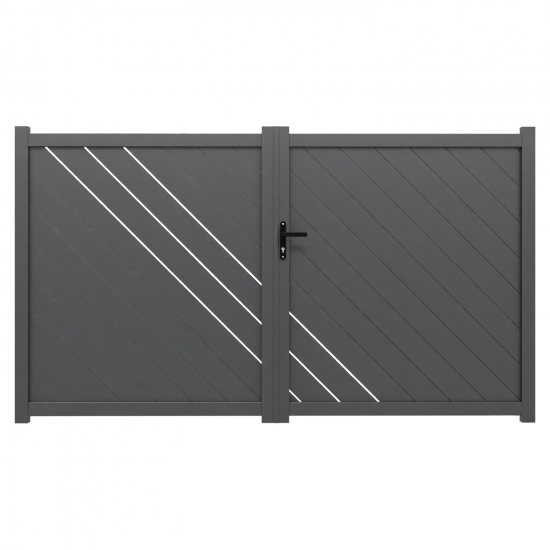 Le portail aluminium Brest associe des lames diagonales à de fines ouvertures décoratives. Son motif graphique apporte une touche contemporaine tout en préservant largement l’intimité. Sa structure en aluminium offre une solution durable et adaptée à un usage extérieur. Il est proposé en ouverture battante ou coulissante selon la configuration choisie. La finition thermolaquée gris RAL 7016 met en valeur son dessin géométrique. Les dimensions disponibles sont sélectionnées directement dans le configurateur. Les accessoires fournis sont adaptés au type d’ouverture sélectionné. Son excellent rapport qualité-prix permet de choisir un portail bien moins cher qu’un modèle en acier, avec un style beaucoup plus moderne.