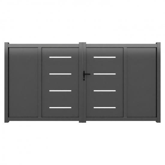 Le portail aluminium Lorient combine de larges panneaux pleins et des ouvertures horizontales discrètes. Son dessin géométrique offre un style contemporain tout en préservant largement l’intimité. Sa structure en aluminium offre une solution durable et adaptée à un usage extérieur. Il est proposé en ouverture battante ou coulissante selon la configuration choisie. La finition thermolaquée gris RAL 7016 souligne ses lignes épurées. Les dimensions disponibles sont sélectionnées directement dans le configurateur. Les accessoires fournis sont adaptés au type d’ouverture sélectionné. Son excellent rapport qualité-prix permet de choisir un portail bien moins cher qu’un modèle en acier, avec un style beaucoup plus moderne.