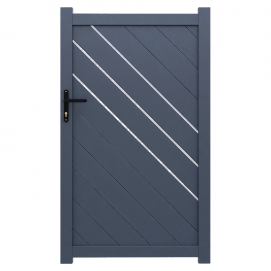 Le portillon aluminium Brest associe des lames diagonales à de fines ouvertures décoratives. Il crée un passage piéton assorti au portail Brest tout en préservant largement l’intimité. Sa structure en aluminium offre une solution durable et adaptée à un usage extérieur. La finition thermolaquée gris RAL 7016 met en valeur son dessin géométrique. Sa serrure à canon européen avec poignée noire est fournie. Les gonds, la butée de réception et l’embout de montant sont également fournis.