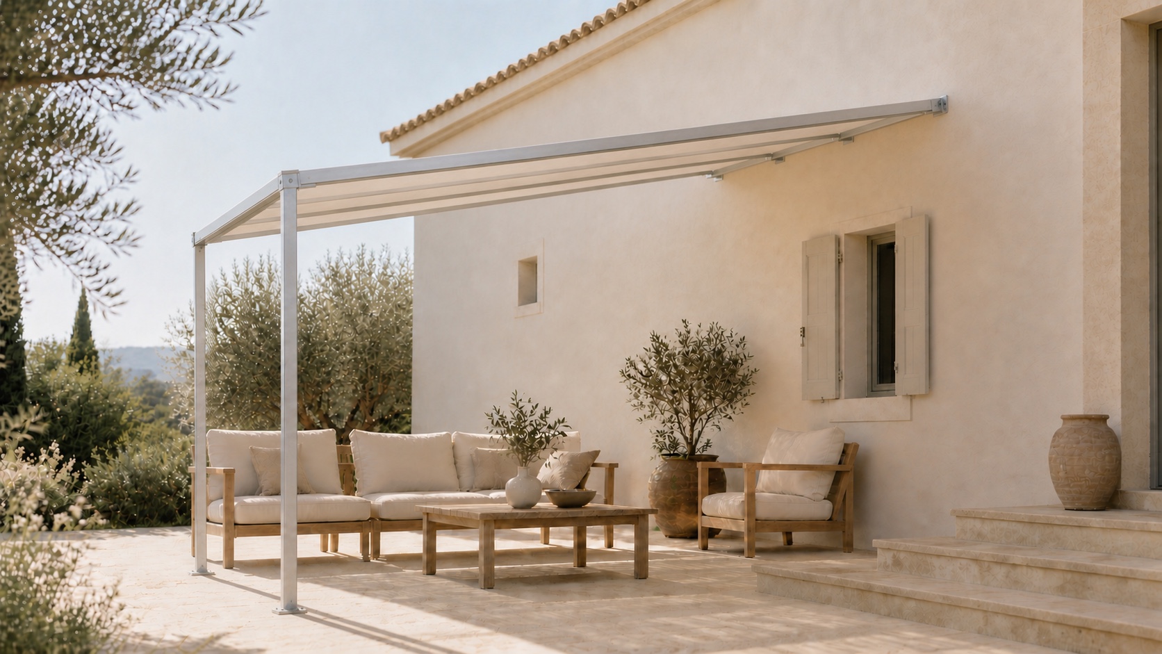 Pergola Mistral 3 × 3 m adossée avec toiture inclinée vers les poteaux avant