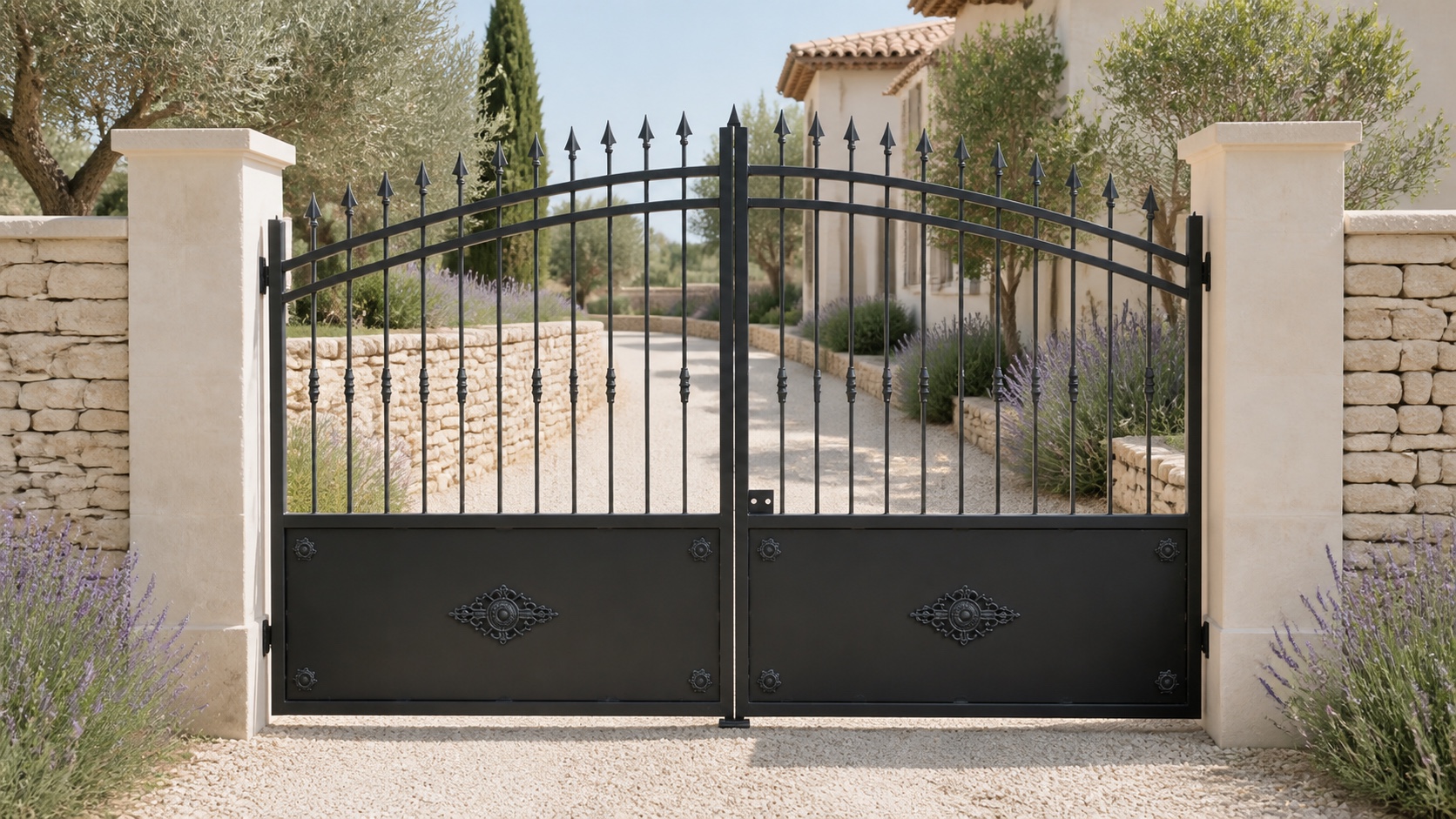 Portail Provence en acier installé entre deux piliers