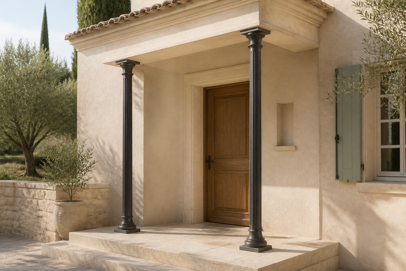 Colonnes décoratives en fonte installées à une entrée