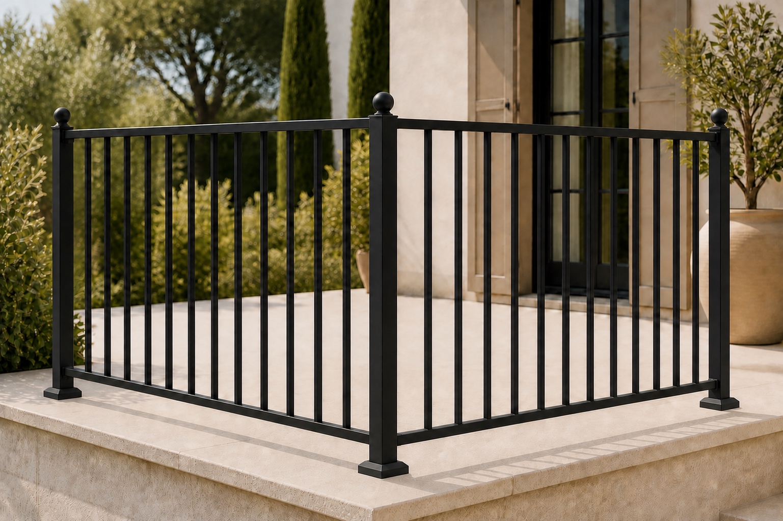 Garde-corps en kit noir mat avec pommeaux intégrés et caches-platines proportionnés