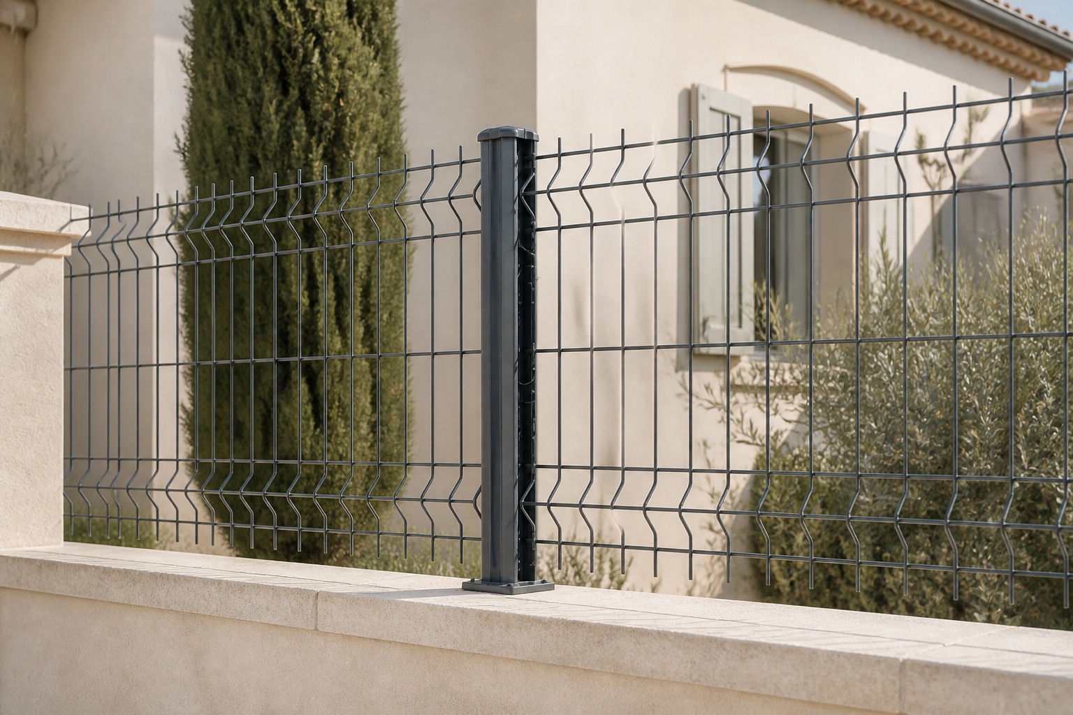 Grillage rigide installé sur un muret